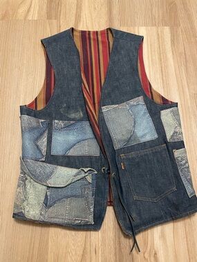 Vintage Levi’s Fresh Produce Patchwork Reversible Denim Vest Leather Lace Close